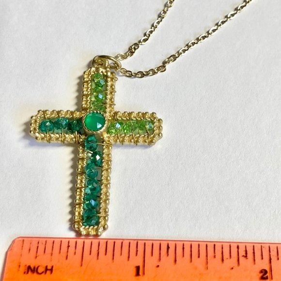 Vintage Gold Bead Cross Pendant Necklace Green Hand Beaded Plated 18" Christian - Picture 9 of 10